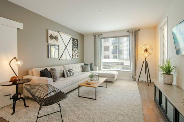 Sala de estar elegantemente projetada com móveis modernos em um apartamento no Building Lightwave Avenue - hosteeva - 1266062 - SAN em San Diego, San Diego