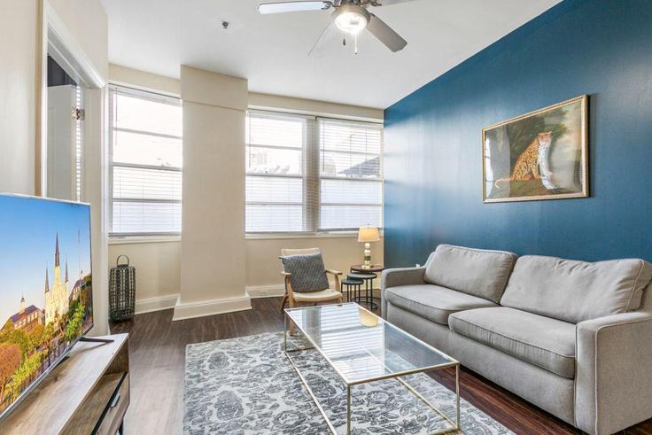 Elegant gestaltetes Wohnzimmer mit moderner Einrichtung in einer Wohnung im Building Common Street - hosteeva - 1266939 - USA in New Orleans, New Orleans