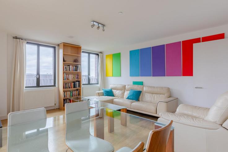 Elegantly designed living room with modern furnishings in an apartment at Building Tapper Walk - houst - 1244074 - LON in London Borough of Camden, London