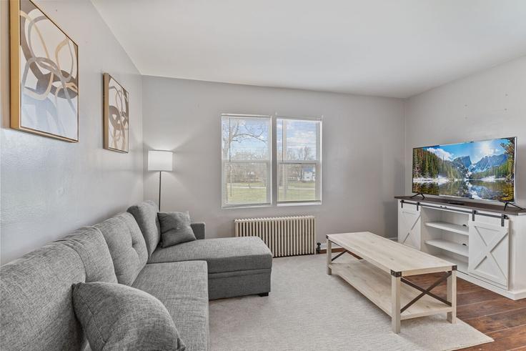 Elegante sala de estar con mobiliario moderno en un apartamento en Building Lafayette Avenue - indiana-temporary-housing - 1371898 en Terre Haute, Terre Haute