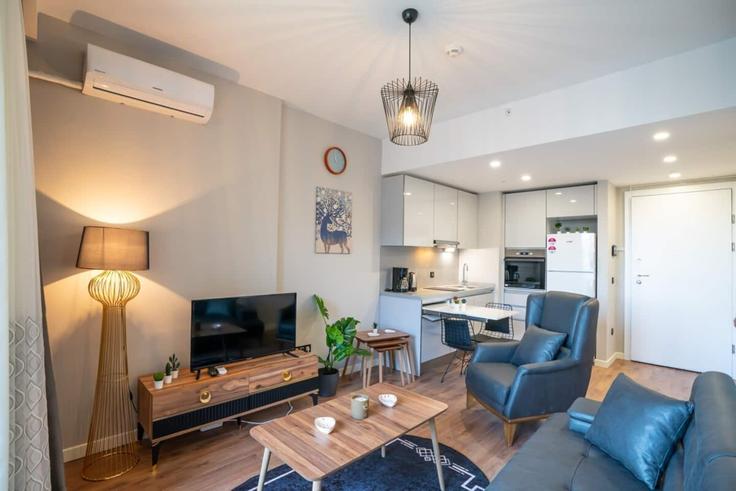 Elegante sala de estar con mobiliario moderno en un apartamento en Building Bahar Caddesi - ipmhomes - 1335808 en Bağcılar, İstanbul