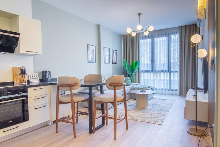 Salle de séjour élégante avec mobilier moderne dans un appartement à Building Çobanoğlu Sokak - ipmhomes - 1335859 à Şişli, İstanbul