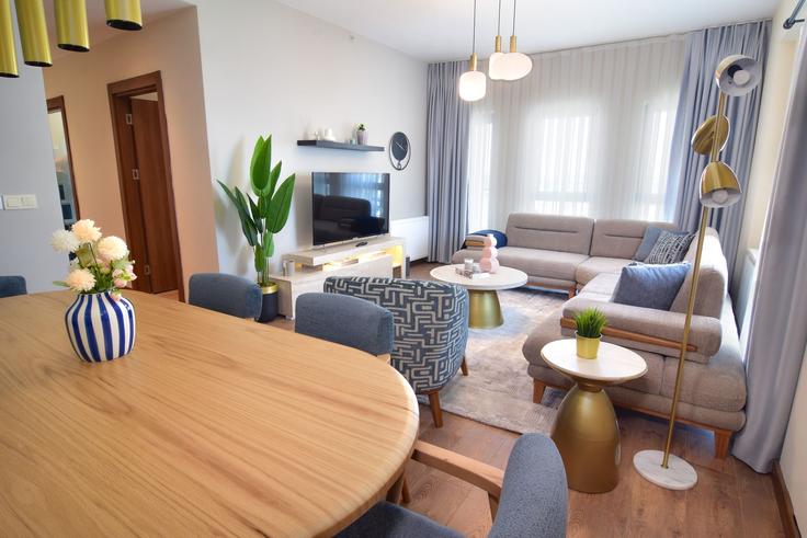 Salle de séjour élégante avec mobilier moderne dans un appartement à Building Taşocağı Yolu Caddesi - ipmhomes - 1335869 à Bağcılar, İstanbul