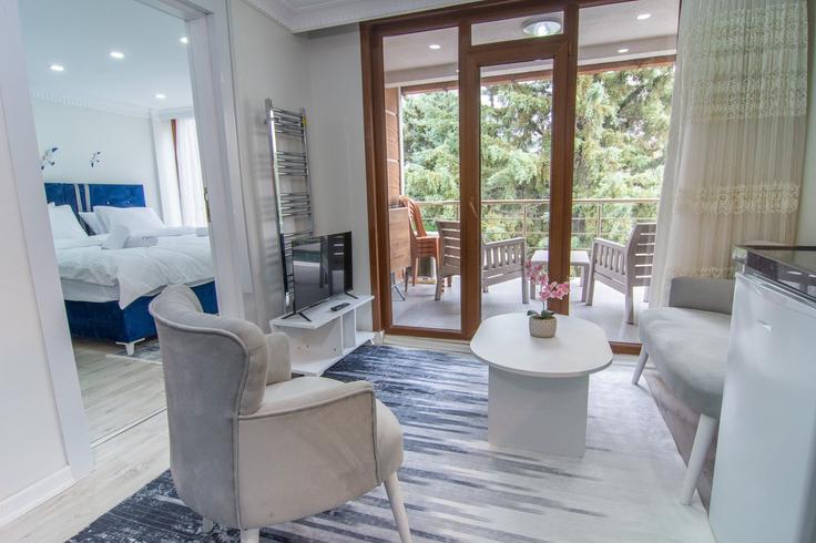 Sala de estar elegantemente projetada com móveis modernos em um apartamento no Building Şafak Sokak - ipmhomes - 1502866 em Büyükçekmece, İstanbul