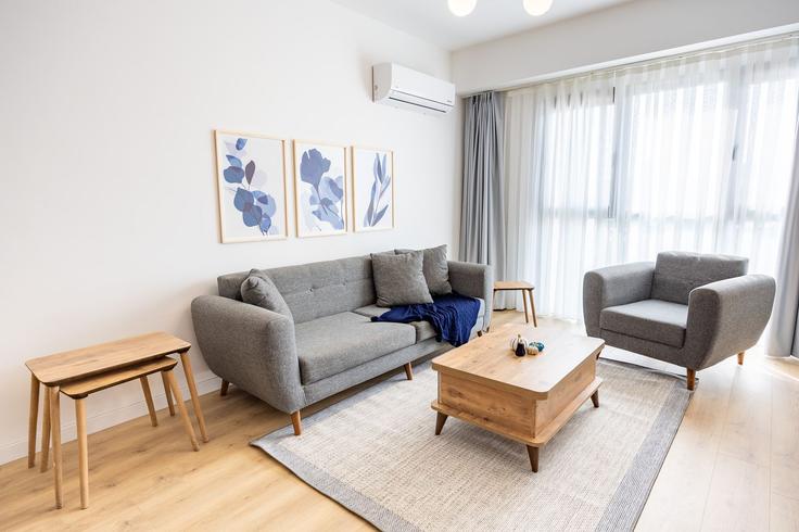 Elegante sala de estar con mobiliario moderno en un apartamento en Building Bahar Caddesi - ipmhomes - 1514652 en Bağcılar, İstanbul
