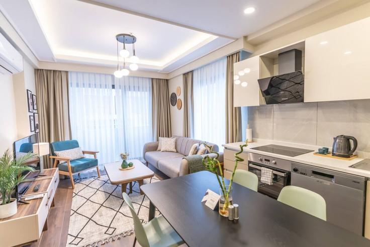 Elegant gestaltetes Wohnzimmer mit moderner Einrichtung in einer Wohnung im Building Ayazma Caddesi - ipmhomes - 1335801 in Kağıthane, İstanbul