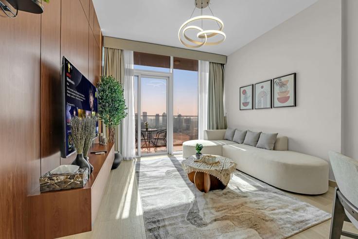 Elegant gestaltetes Wohnzimmer mit moderner Einrichtung in einer Wohnung im Building Street 10 - ivy - 1388028 in Jumeirah Village, Dubai