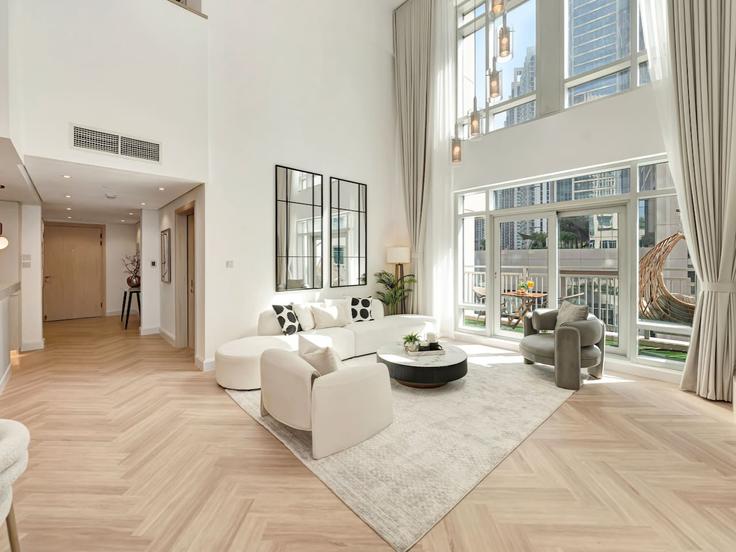 Dubai Downtown DubaiのBuilding Sh Mohammed Bin Rashid Blvd - kensington-holiday-homes-rental-llc - 1313847 - DXBのアパートメントにある、モダンな家具を備えたエレガントなデザインのリビングルーム