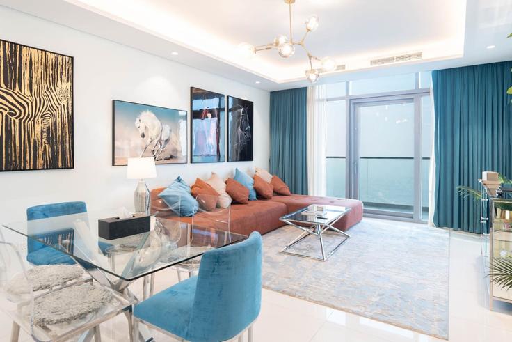 Elegantly designed living room with modern furnishings in an apartment at Building Al Mustaqbal Street - keyrock-holiday-homes - 1261288 - DXB in Business Bay, Dubai Elegantly designed living room with modern furnishings in an apartment at Building Al Mustaqbal Street - keyrock-holiday-homes - 1261288 - DXB in Business Bay, Dubai