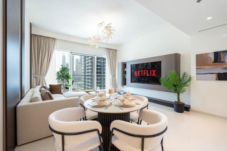 Elegantly designed living room with modern furnishings in an apartment at Building Tariaq Bedon Esm - keyrock-holiday-homes - 1264797 - DXB in The Palm Jumeirah, Dubai Elegantly designed living room with modern furnishings in an apartment at Building Tariaq Bedon Esm - keyrock-holiday-homes - 1264797 - DXB in The Palm Jumeirah, Dubai