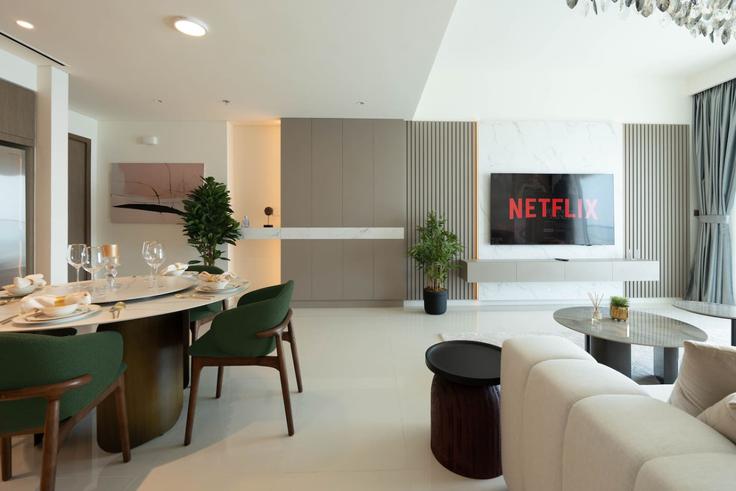 Elegantly designed living room with modern furnishings in an apartment at Building Tariaq Bedon Esm - keyrock-holiday-homes - 1264801 - DXB in The Palm Jumeirah, Dubai Elegantly designed living room with modern furnishings in an apartment at Building Tariaq Bedon Esm - keyrock-holiday-homes - 1264801 - DXB in The Palm Jumeirah, Dubai