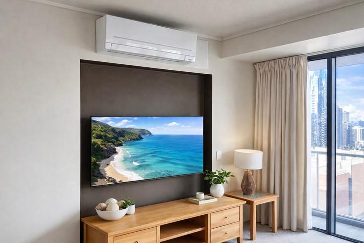 Elegant gestaltetes Wohnzimmer mit moderner Einrichtung in einer Wohnung im Building Felix Street - lane-property - 1497834 in Brisbane City, Brisbane