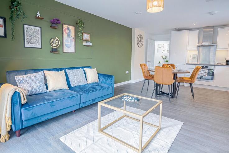 Elegantly designed living room with modern furnishings in an apartment at Building A206 - lets-stay-together-ltd - 1271992 in Royal Borough of Greenwich, London