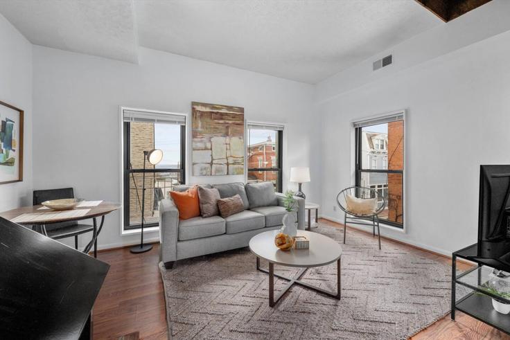 Salle de séjour élégante avec mobilier moderne dans un appartement à Building Pavilion Street - libertyhillsrentals - 1397242 à Cincinnati, Cincinnati Salle de séjour élégante avec mobilier moderne dans un appartement à Building Pavilion Street - libertyhillsrentals - 1397242 à Cincinnati, Cincinnati