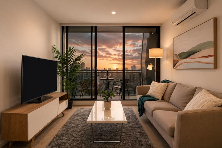 Melbourne MelbourneのBuilding William Street - live-luxe - 1645938のアパートメントにある、モダンな家具を備えたエレガントなデザインのリビングルーム