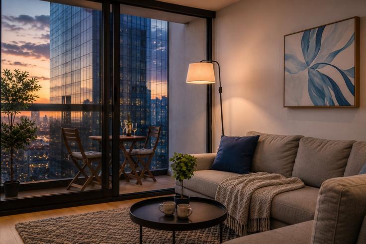 Elegante sala de estar con mobiliario moderno en un apartamento en Building A'Beckett Street - live-luxe - 1645933 en Melbourne, Melbourne