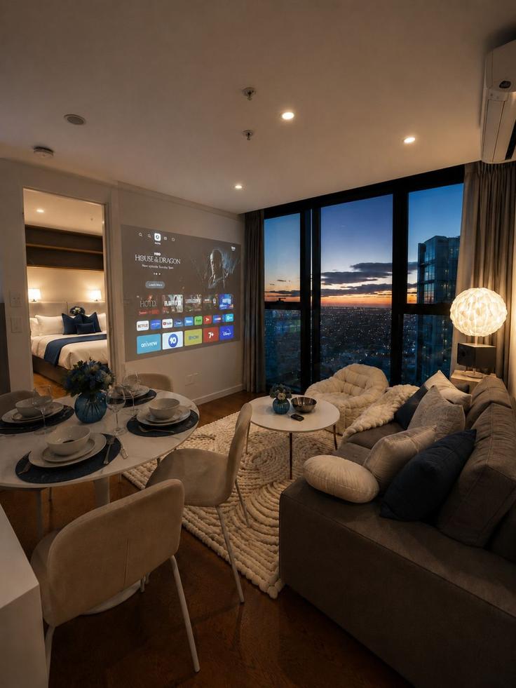 Melbourne MelbourneのBuilding Elizabeth Street - live-luxe - 1645985のアパートメントにある、モダンな家具を備えたエレガントなデザインのリビングルーム Melbourne MelbourneのBuilding Elizabeth Street - live-luxe - 1645985のアパートメントにある、モダンな家具を備えたエレガントなデザインのリビングルーム