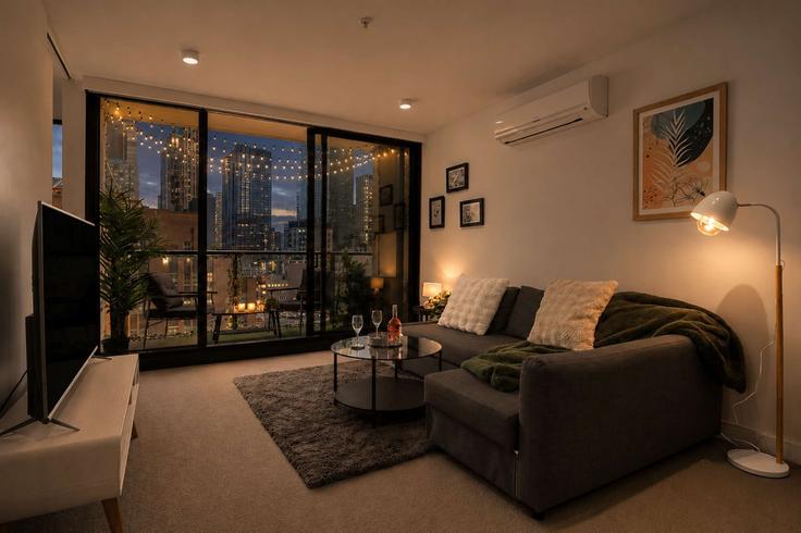 Elegant gestaltetes Wohnzimmer mit moderner Einrichtung in einer Wohnung im Building MacKenzie Street - live-luxe - 1645997 in Melbourne, Melbourne Elegant gestaltetes Wohnzimmer mit moderner Einrichtung in einer Wohnung im Building MacKenzie Street - live-luxe - 1645997 in Melbourne, Melbourne
