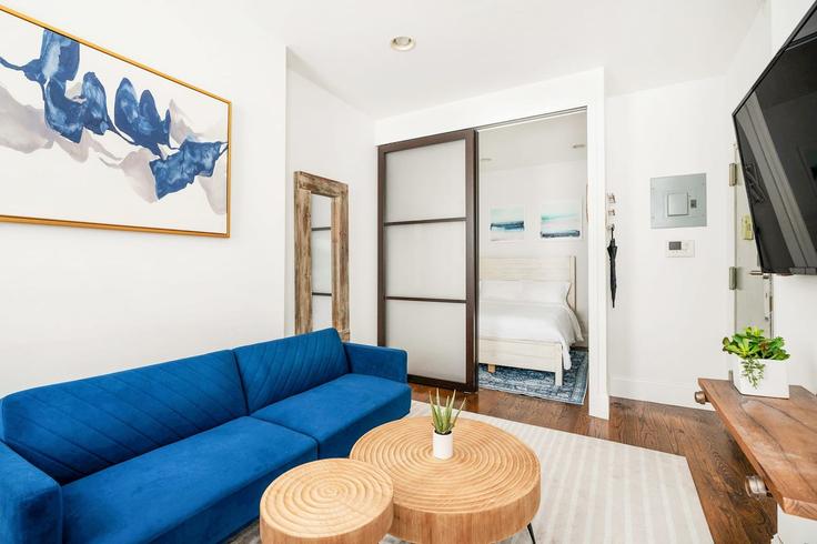 Salle de séjour élégante avec mobilier moderne dans un appartement à Building Clinton Street - livly-housing - 1245768 - NYC à Manhattan, New York Salle de séjour élégante avec mobilier moderne dans un appartement à Building Clinton Street - livly-housing - 1245768 - NYC à Manhattan, New York