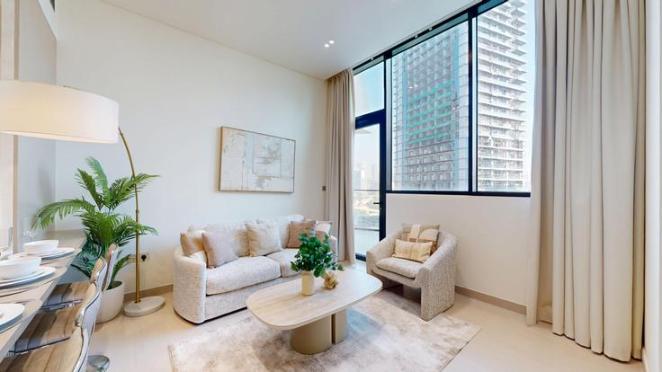 Dubai Al Barsha South FourthのBuilding Jumeriah Village St 1 - locationshostaway - 1378956のアパートメントにある、モダンな家具を備えたエレガントなデザインのリビングルーム