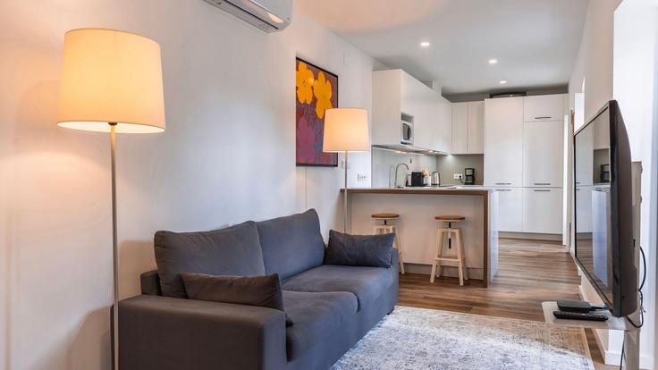 Elegant gestaltetes Wohnzimmer mit moderner Einrichtung in einer Wohnung im Building Calçada do Monte - lovelystay - 1382509 in São Vicente, Lisbon