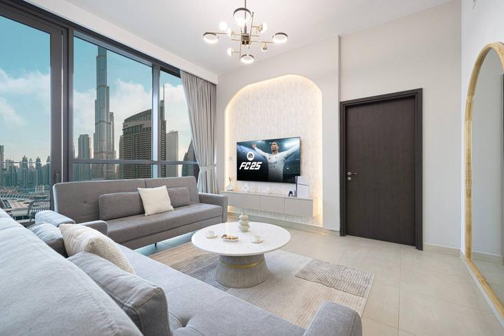 Sala de estar elegantemente projetada com móveis modernos em um apartamento no Building Financial Center street - luxelivingcollection - 1287075 - DXB em Za'abeel, Dubai