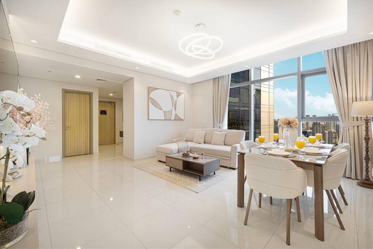 Sala de estar elegantemente projetada com móveis modernos em um apartamento no Building Al Mustaqbal Street - luxelivingcollection - 1287080 - DXB em Business Bay, Dubai Sala de estar elegantemente projetada com móveis modernos em um apartamento no Building Al Mustaqbal Street - luxelivingcollection - 1287080 - DXB em Business Bay, Dubai