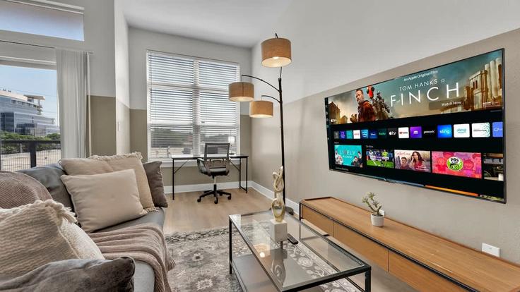 Elegante sala de estar con mobiliario moderno en un apartamento en Building Indiana Street - luxora - 1285562 - DFW en Dallas, Dallas