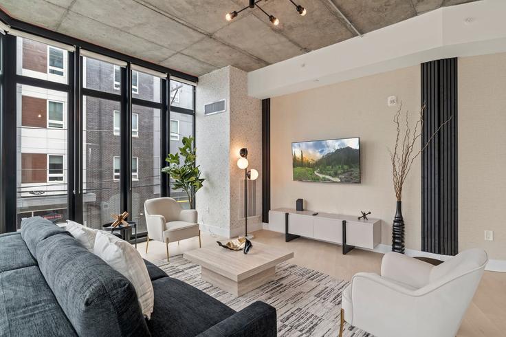 Elegant gestaltetes Wohnzimmer mit moderner Einrichtung in einer Wohnung im Building North 2nd Street - luxora - 1317872 in Philadelphia, Philadelphia