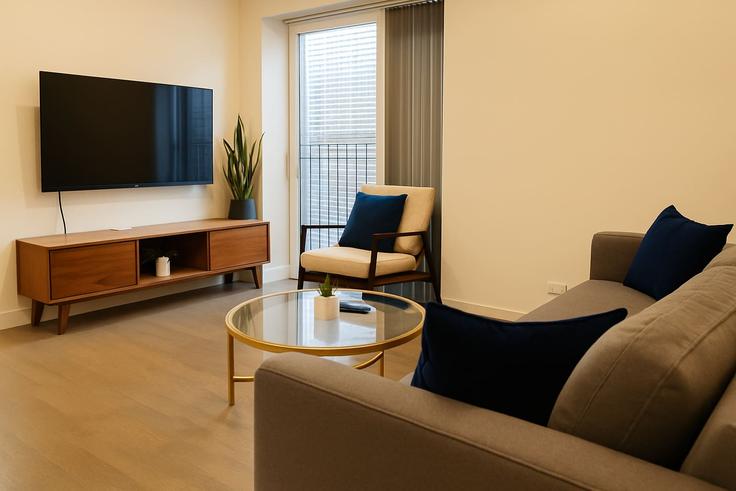 Salle de séjour élégante avec mobilier moderne dans un appartement à Building West Division Street - luxury-lili - 1539883 à Chicago, Chicago