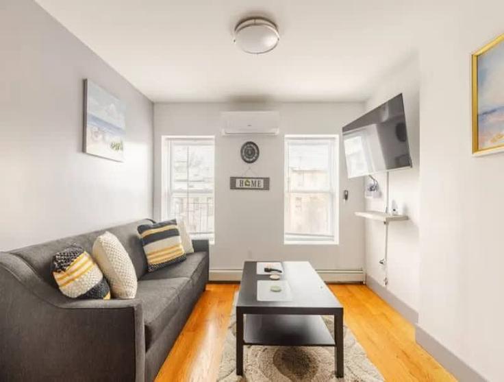Sala de estar elegantemente projetada com móveis modernos em um apartamento no Building Putnam Avenue - luxury-rentals-usa - 1470326 em Brooklyn, New York