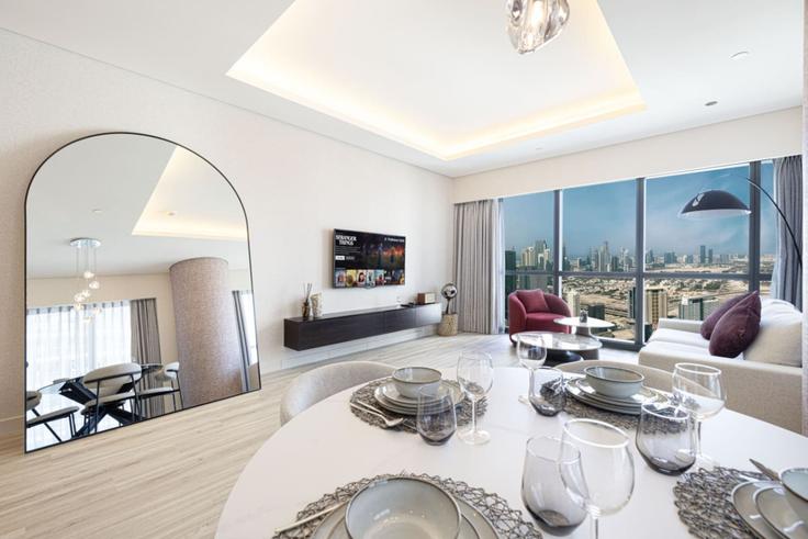 Elegant gestaltetes Wohnzimmer mit moderner Einrichtung in einer Wohnung im Building Tariaq Bedon Esm - mahogany - 1501088 in Business Bay, Dubai Elegant gestaltetes Wohnzimmer mit moderner Einrichtung in einer Wohnung im Building Tariaq Bedon Esm - mahogany - 1501088 in Business Bay, Dubai