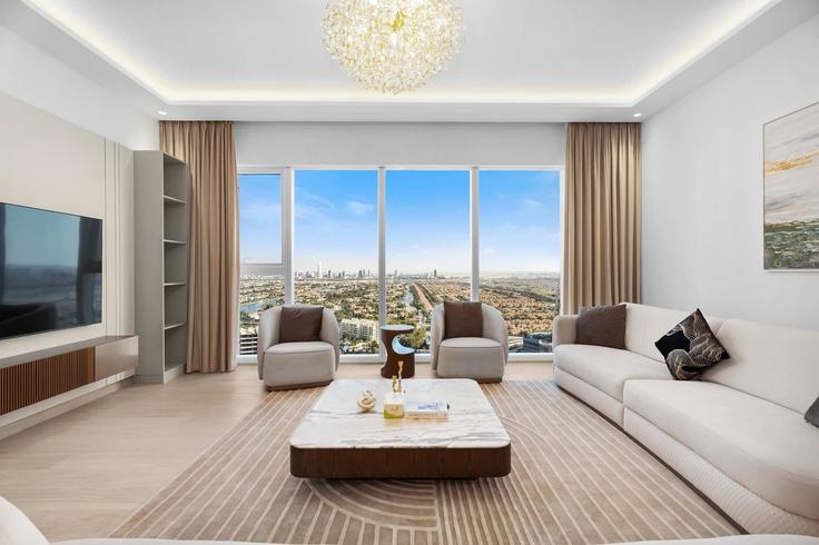 Elegant gestaltetes Wohnzimmer mit moderner Einrichtung in einer Wohnung im Building Tariaq Bedon Esm - majestay - 1429736 in Al Thanyah Fifth, Dubai