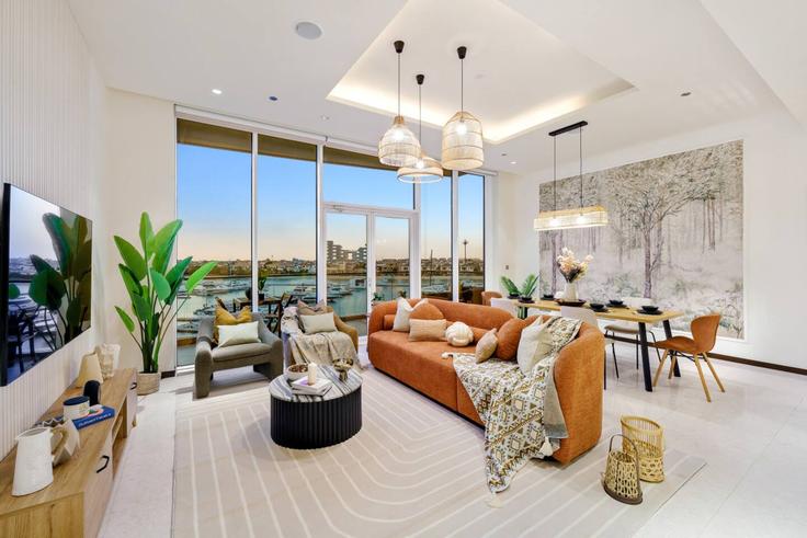 Elegantly designed living room with modern furnishings in an apartment at Building Tariaq Bedon Esm - manzil-life - 1382262 in The Palm Jumeirah, Dubai Elegantly designed living room with modern furnishings in an apartment at Building Tariaq Bedon Esm - manzil-life - 1382262 in The Palm Jumeirah, Dubai