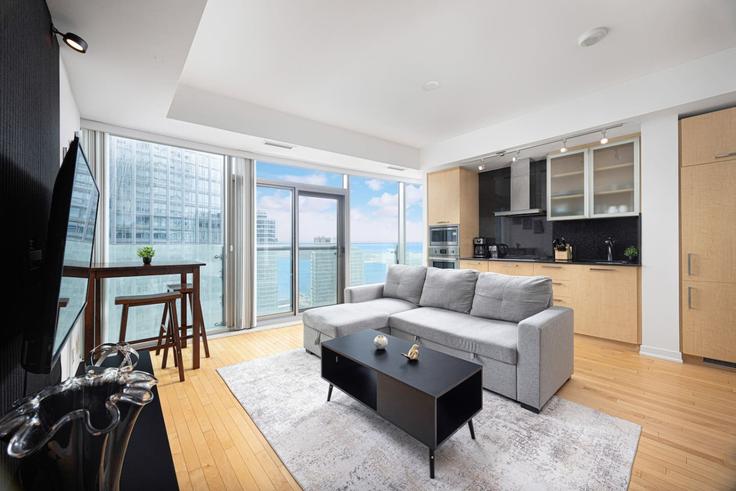 Sala de estar elegantemente projetada com móveis modernos em um apartamento no Building York Street - maxima-properties - 1511281 em Old Toronto, Toronto Sala de estar elegantemente projetada com móveis modernos em um apartamento no Building York Street - maxima-properties - 1511281 em Old Toronto, Toronto