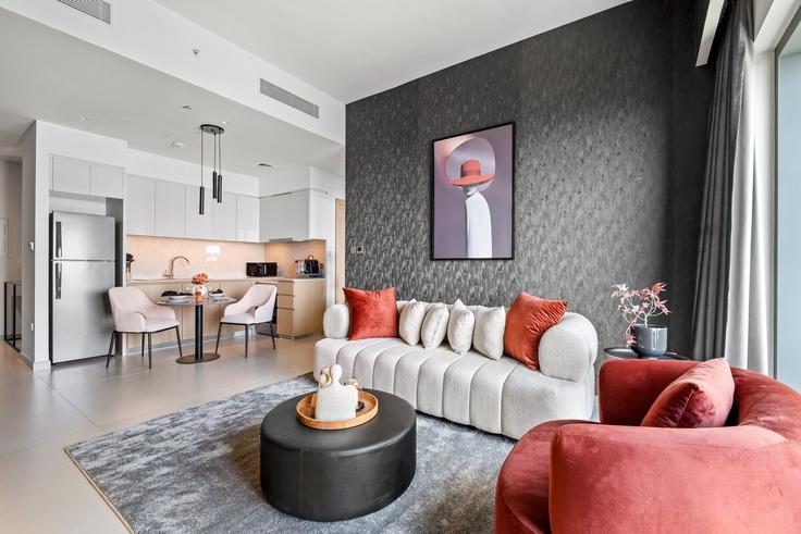 Dubai Burj KhalifaのBuilding Burj Khalifa Boulevard - maxx-value-homes - 1503035のアパートメントにある、モダンな家具を備えたエレガントなデザインのリビングルーム
