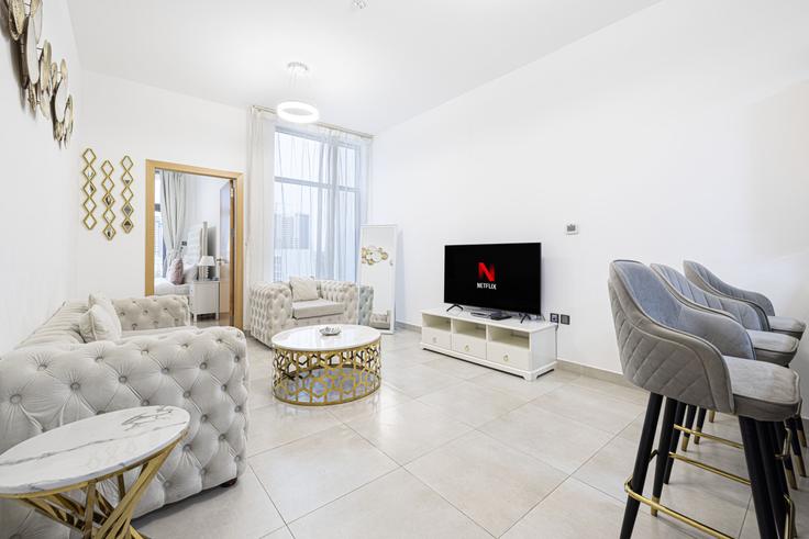 Elegantly designed living room with modern furnishings in an apartment at Building Bijada Boulevard South - medini-homes - 1333448 in Al Barsha South Fourth, Dubai Elegantly designed living room with modern furnishings in an apartment at Building Bijada Boulevard South - medini-homes - 1333448 in Al Barsha South Fourth, Dubai