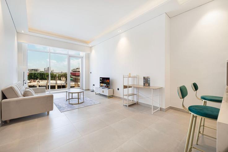 Elegantly designed living room with modern furnishings in an apartment at Building Tariaq Bedon Esm - medini-homes - 1333551 in Al Barsha South Fifth, Dubai