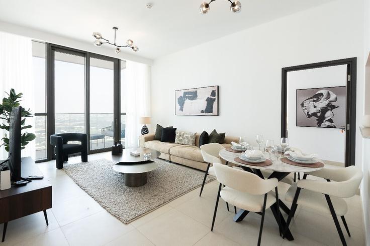 Elegantly designed living room with modern furnishings in an apartment at Building Financial Center street - meerak-homes - 1314007 - DXB in Zaa'beel Second, Dubai