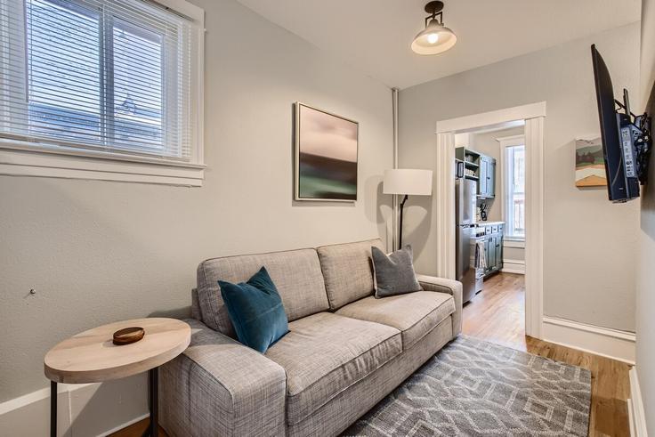 Elegante sala de estar con mobiliario moderno en un apartamento en Building York Street - modernmidstay - 1026269 - DEN en Denver, Denver