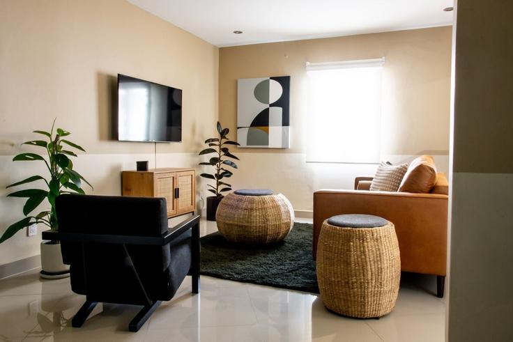 Elegant gestaltetes Wohnzimmer mit moderner Einrichtung in einer Wohnung im Building Huatusco - mr-wmain - 1493190 in Mexico City, Mexico City