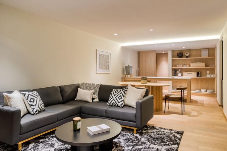 Elegant gestaltetes Wohnzimmer mit moderner Einrichtung in einer Wohnung im Building Calle Ometusco - mr-wmain - 1493289 in Mexico City, Mexico City