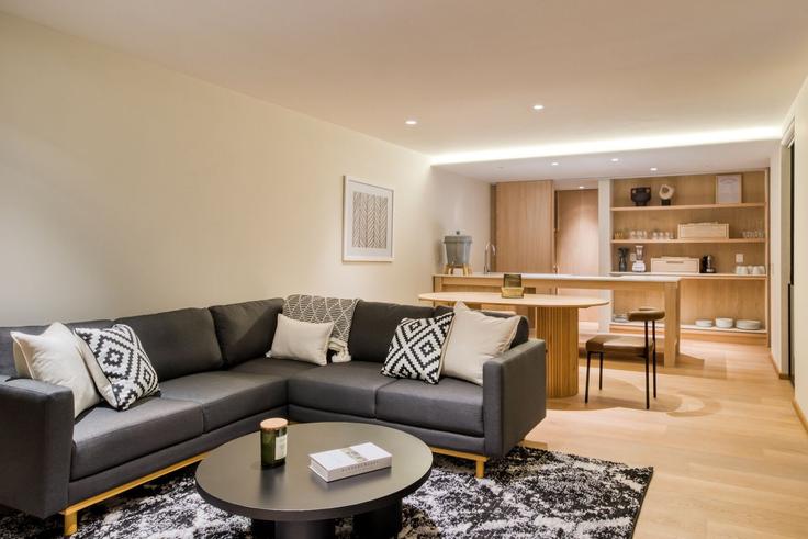 Elegant gestaltetes Wohnzimmer mit moderner Einrichtung in einer Wohnung im Building Calle Ometusco - mr-wmain - 1493210 in Mexico City, Mexico City