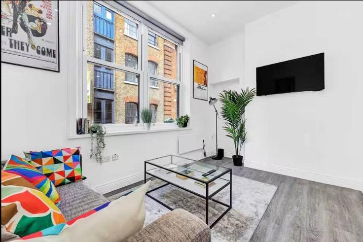 Elegant gestaltetes Wohnzimmer mit moderner Einrichtung in einer Wohnung im Building Rivington Street - murray-stays-limited - 1515919 in London Borough of Hackney, London