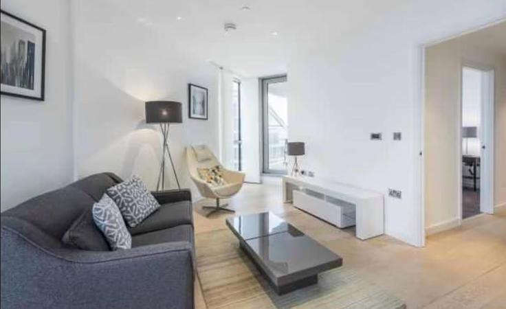 Elegantly designed living room with modern furnishings in an apartment at Building Fairmont Avenue - murraystays - 1387538 in London Borough of Tower Hamlets, London