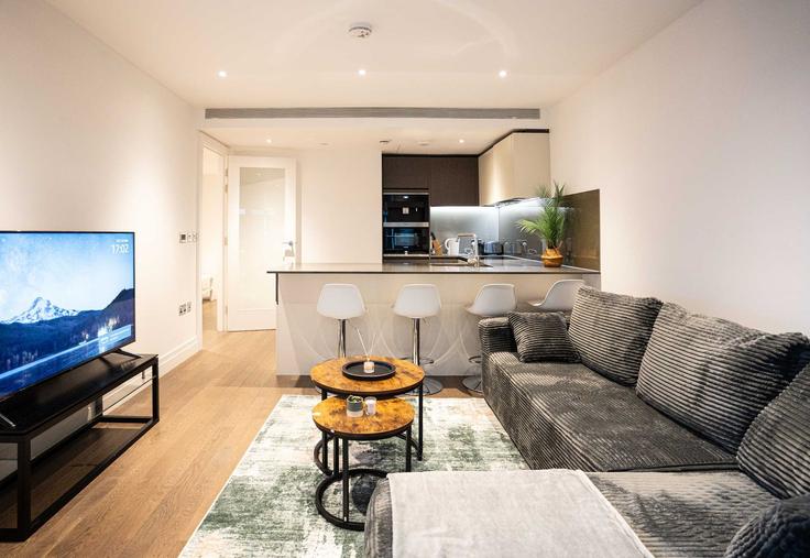Building Nine Elms Lane - my-london-hop-limited - 1521595 adresindeki bir dairede modern mobilyalarla zarif bir şekilde tasarlanmış oturma odası London Borough of Wandsworth, London