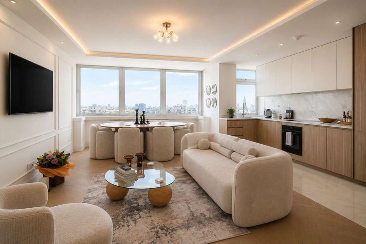 Elegant gestaltetes Wohnzimmer mit moderner Einrichtung in einer Wohnung im Building Porchester Place - my-london-hop-limited - 1610189 in City of Westminster, London