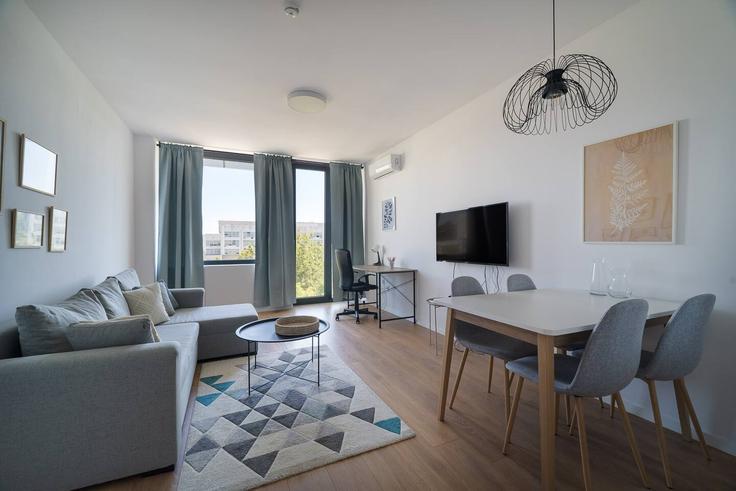 Sofia SofiaのBuilding Studentski Kompleks, Prof. Dr. Dimitar Dobrev Street 6 - mycampustay-ltd - 1695140のアパートメントにある、モダンな家具を備えたエレガントなデザインのリビングルーム