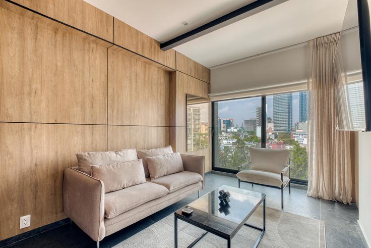 Mexico City, Mexico City 소재 Building Salamanca - myla-stays - 1356981 유닛에 마련된, 현대적인 가구로 꾸며진 우아한 디자인의 거실 Mexico City, Mexico City 소재 Building Salamanca - myla-stays - 1356981 유닛에 마련된, 현대적인 가구로 꾸며진 우아한 디자인의 거실