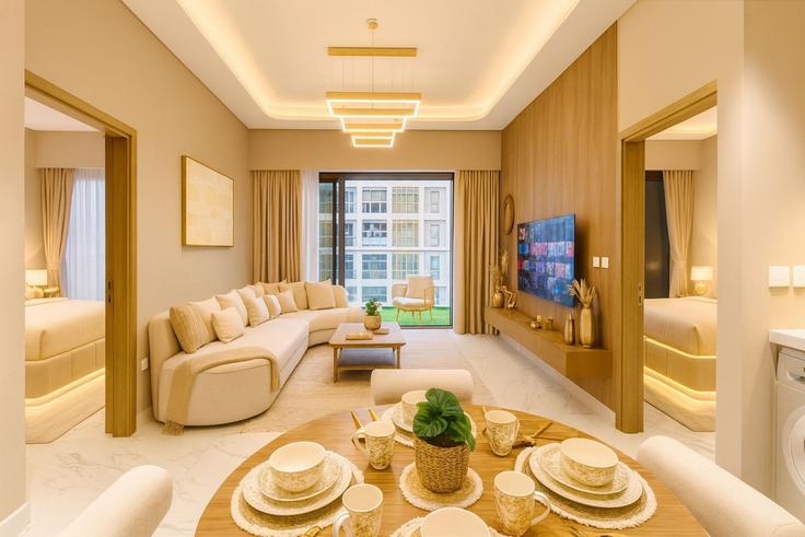 Dubai Nad Al ShebaのBuilding Tariaq Bedon Esm - naseem - 1383998のアパートメントにある、モダンな家具を備えたエレガントなデザインのリビングルーム